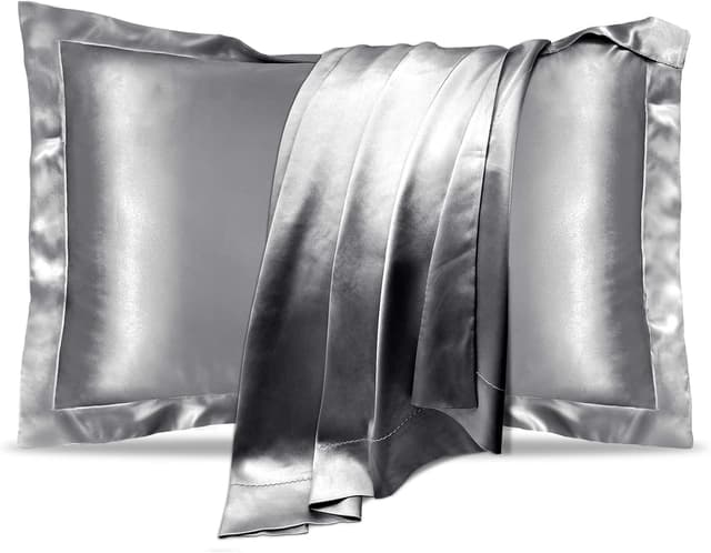 Detalle de UQQU 2 Pack Natural Mulberry Silk Pillowcase Set (Grey) – 50 x 75 cm