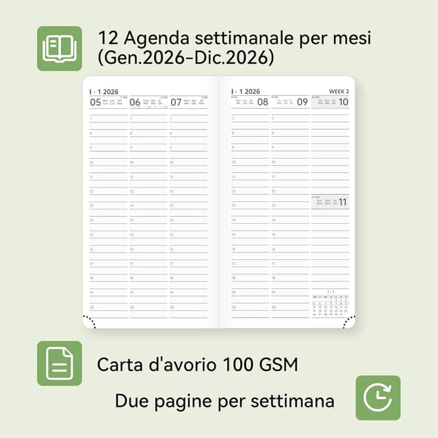 Detalle de FEKSINO Agenda 2026 settimanale tascabile A6 marrone (18 x 9,8 cm) con pagine appunti