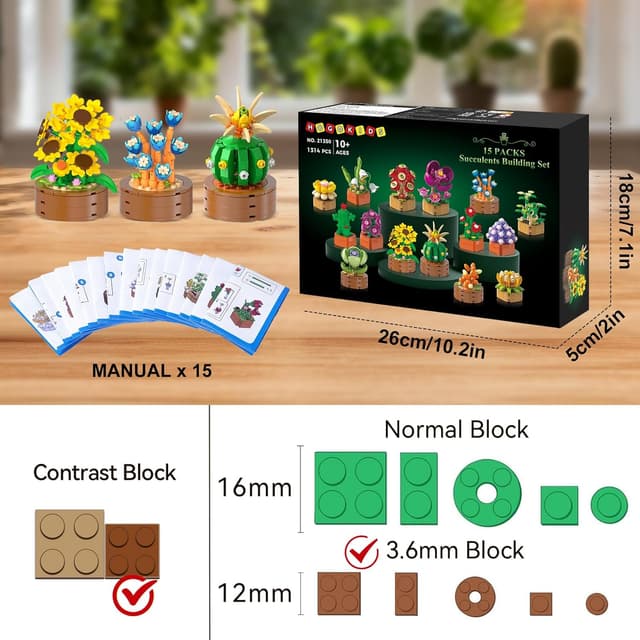 Detalle 1 de HOGOKIDS 15 Pack Flowers & Succulents Mini Building Set (1314PCS) – 3.6mm Plant-Themed Brick Toys for Ages 6+