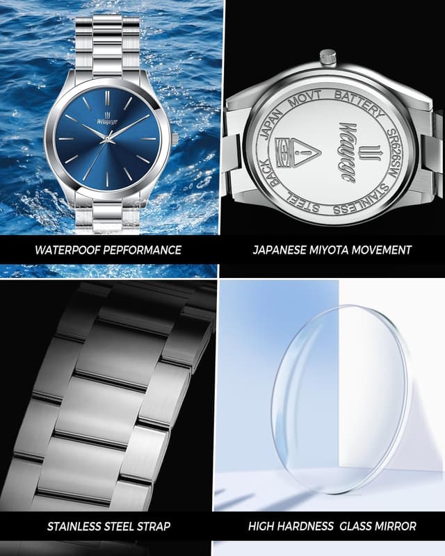 Detalle de Weayege Herren Analog-Uhr mit Quarzwerk und Edelstahl-Meshband (44 mm)