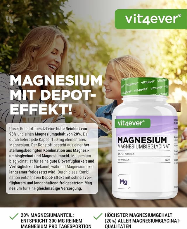 Detalle 2 de vit4ever Magnesium Bisglycinat Depot Komplex mit 300 mg pro Tagesdosis – 300 Kapseln (Magnesiumglycinat als organisches Aminosäurechelat)