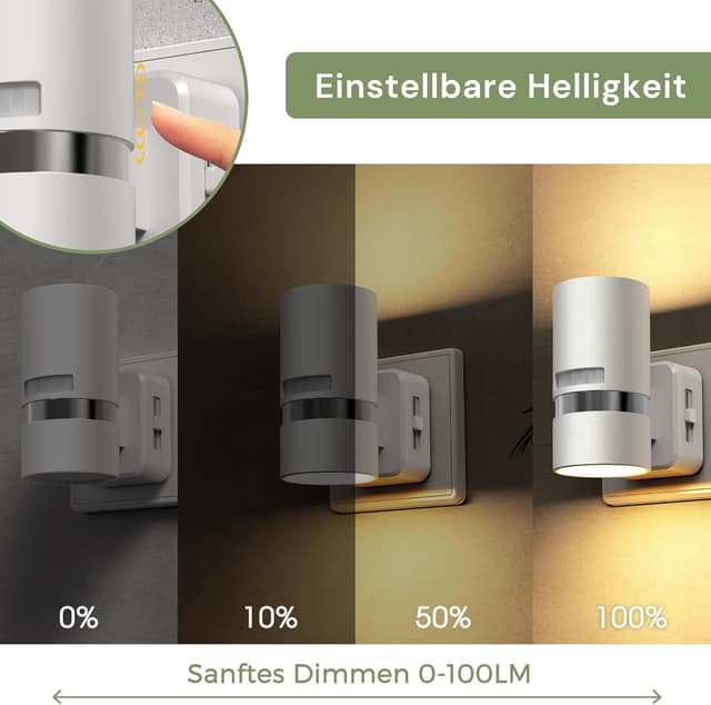 Detalle de LOHAS-LED Bewegungsmelder-Nachtlicht (2er-Set) mit 3 Modi: ON/AUTO/OFF, warmweiß 3000K, dimmbar für Steckdose