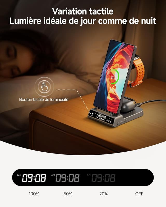 Detalle de Station de charge sans fil 3 en 1 pour Samsung (avec horloge) + charge induction pour Galaxy Watch et Galaxy Buds