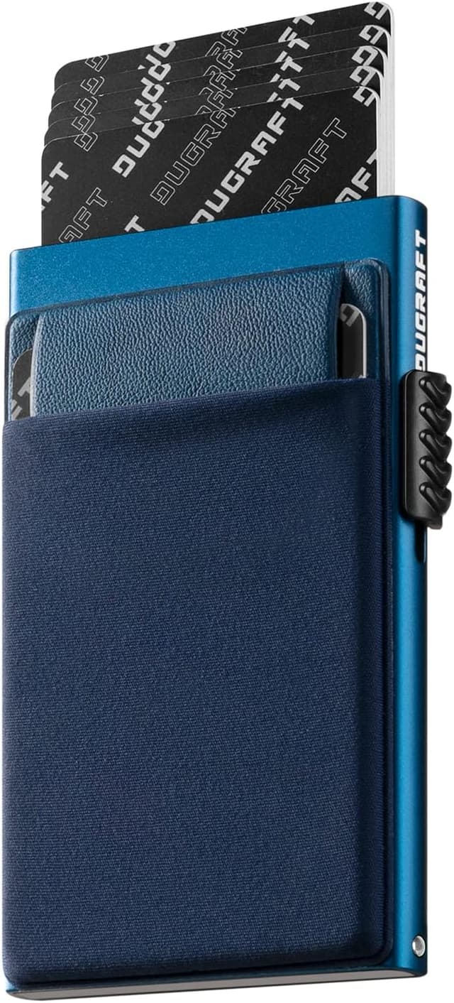 Detalle de DUGRAFT Men’s Pop-Up Credit Card Holder Wallet – Slim RFID Blocking Aluminium Metal with Coin Pocket, Navy