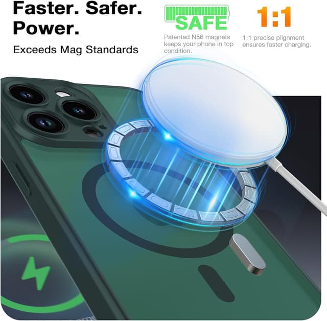 Detalle de BPOASE Magnetic Case for iPhone 15 Pro Max (with tempered glass screen protector) — Ultra Slim Matte Shockproof Dark Green