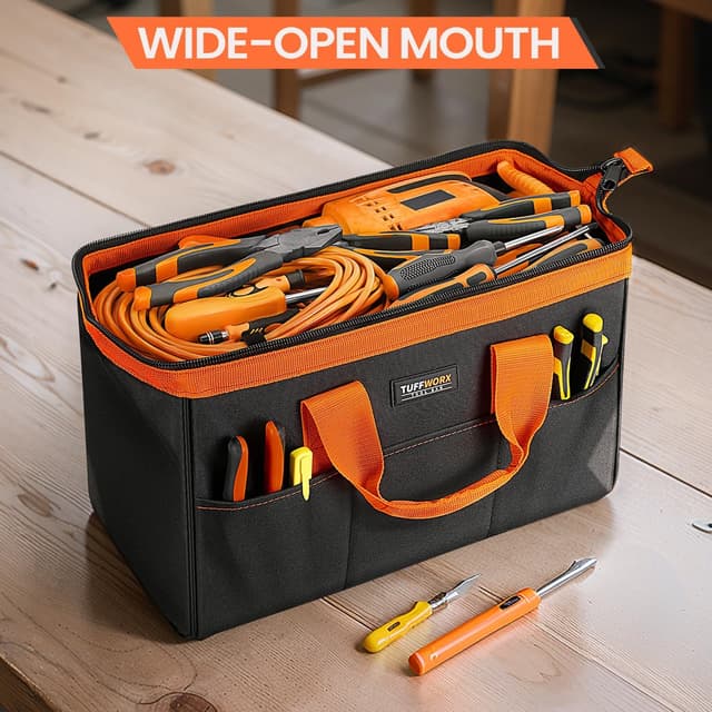 Thumbnail 6 de TUFFWORX Wide Open Mouth Tool Bag (17 inch) – multi-pocket organiser with handle, black and orange