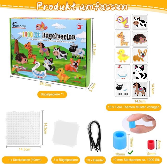 Detalle 2 de Homgaty großes Bügelperlen-Set (10 mm, ca. 1.000 Stück) mit Tier-Mustervorlagen und Bügelpapier