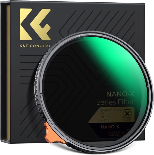 Detalle de K&F CONCEPT Filtre 82 mm 2 en 1 Black-Mist 1/4 + ND variable ND2-32 (sans croix)