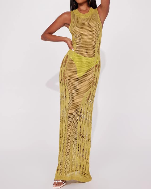 Detalle de Bsubseach crochet cover up dress for women with side split & hollow-out diamond pattern (sleeveless)