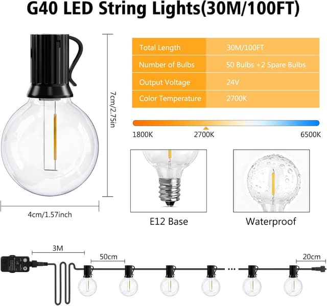 Thumbnail 6 de QIHANS Mains Powered Outdoor Garden String Lights (30m/100ft) with Light Sensor Timer & 50+2 G40 Globe Bulbs
