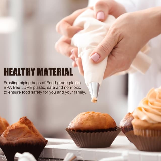 Detalle de Piping Bags and Tips Set (100 Disposable 12-Inch Pastry Bags, 16 Stainless Steel Tips, 2 Couplers) with Scrapers & Bag Ties