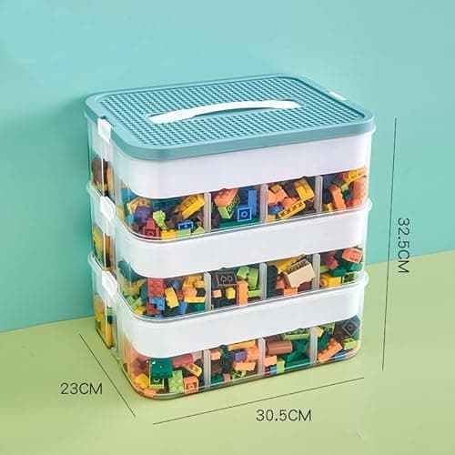 Detalle de DingGreat Dreifach-Aufbewahrungsbox für Lego-Steine (3 stapelbare Boxen) mit Deckel – transparente Kunststoff-Sortierkisten