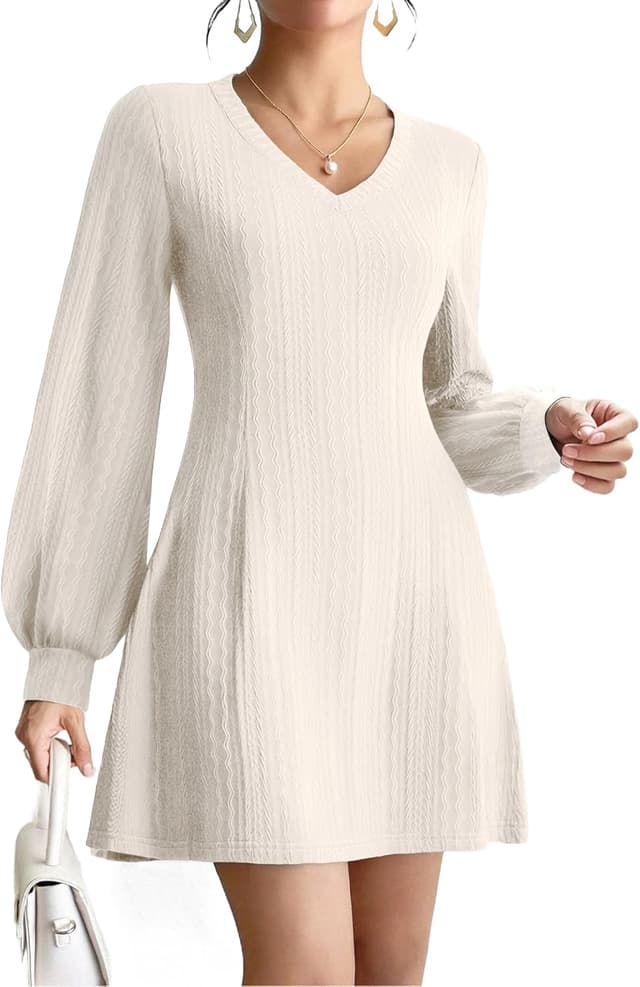 Detalle de Zeagoo Women’s Long Sleeve V-Neck Jumper Dress with Lantern Sleeves (Cable Knit Look)