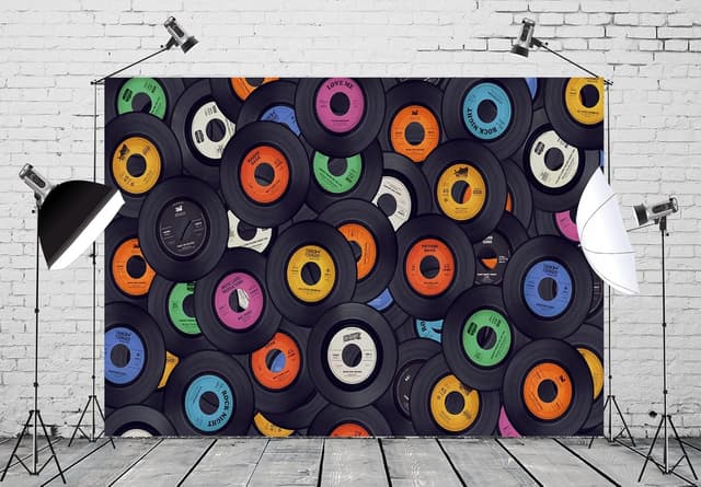 Detalle de BELECO 2.1 x 1.5m Retro Music Records Fabric Backdrop (1950s Rock ’n’ Roll / Vinyl Record Theme)