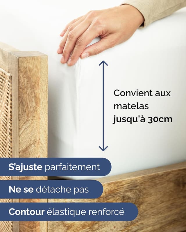 Detalle de Drap-housse 140x200 cm blanc à bonnet 30 cm en microfibre (OEKO-TEX)