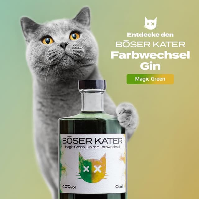 Detalle de BÖSER KATER Magic Green Gin Geschenkset (0,5 l, 40%) mit 2 Gläsern – Farbwechsel von Grün zu Gelb-Orange
