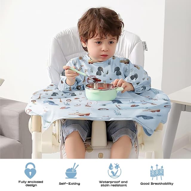 Detalle 1 de Vicloon Lätzchen mit Ärmeln für Baby & Kleinkind, wasserdicht, für Hochstuhl und Babystuhl (blau)
