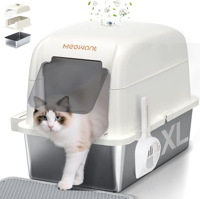 Detalle de MeoWant bac à litière XXL en acier inoxydable pour chat (forme U fermée) avec pelle et tapis