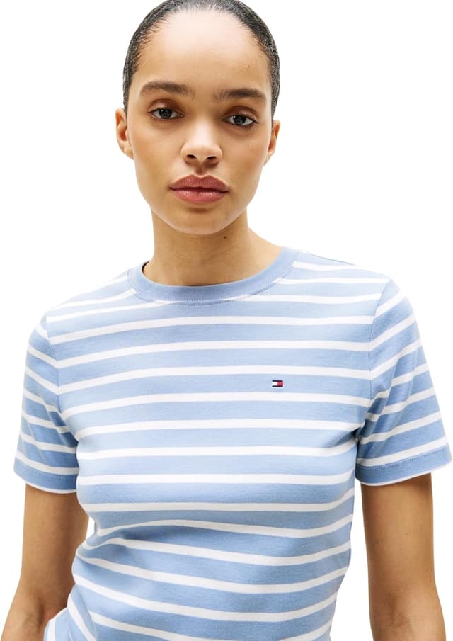 Detalle 1 de Tommy Hilfiger Damen Slim Cody Kurzarmshirt C-NK Ss WW0WW40587 aus 100% Baumwolle