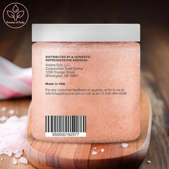Detalle de Majestic Pure Himalayan Salt Body Scrub with Lychee Oil, Exfoliating Salt Scrub (10 oz tub)