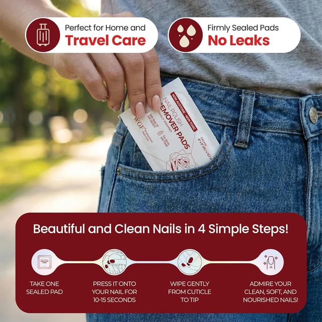 Detalle 2 de Nail Polish Remover Pads (Non-Acetone, Rose Oil) 100-Pack Bulk Set, Individually Wrapped Wipes