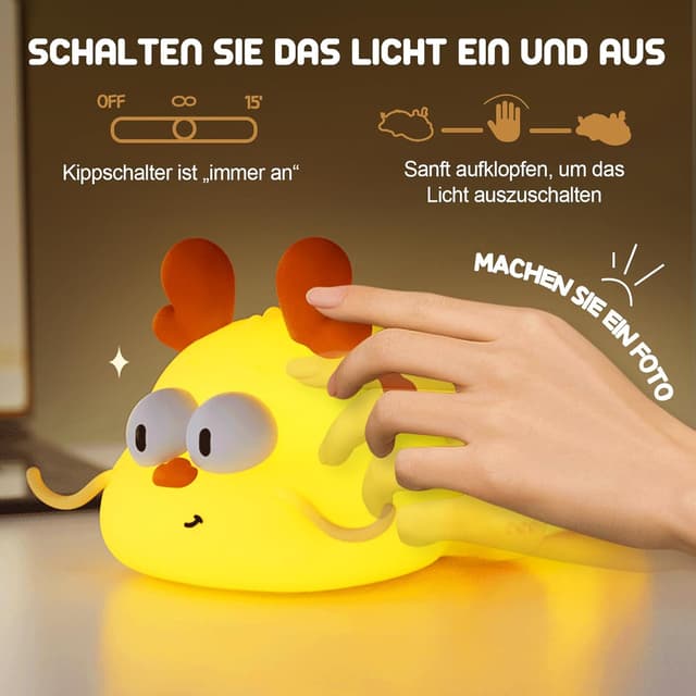Detalle 2 de Silikon Nachtlicht für Babys in Drach-Form – dimmbar, Touch-LED und Timer