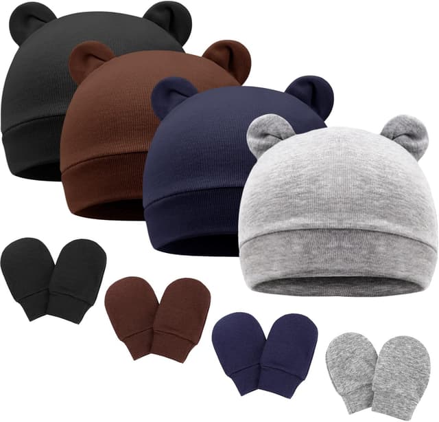 Detalle de DRESHOW bonnets et moufles de naissance en coton extensible (0-6 mois) – lot de 4