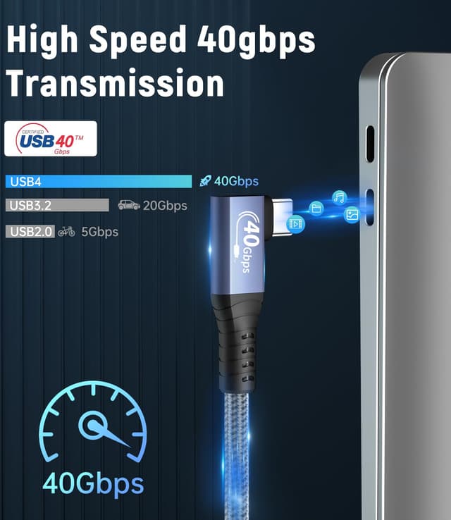 Detalle 2 de AGFINEST USB4 Right Angle USB-C to USB-C Cable (up to 100W, 40Gbps, 8K60Hz) for Thunderbolt 3/4