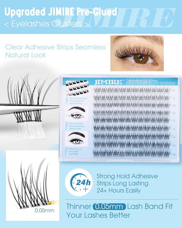 Detalle 2 de JIMIRE Natural Self Adhesive Eyelashes Wispy Pre-Glued Lash Clusters (9–12MM, 108 pcs)