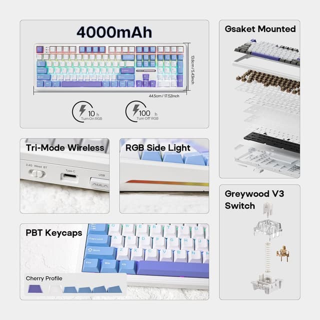 Detalle de EPOMAKER Aula F108 Wireless Gaming Keyboard (Full Size, Hot-Swappable) with 4000mAh Battery, 108 Keys, White & Blue
