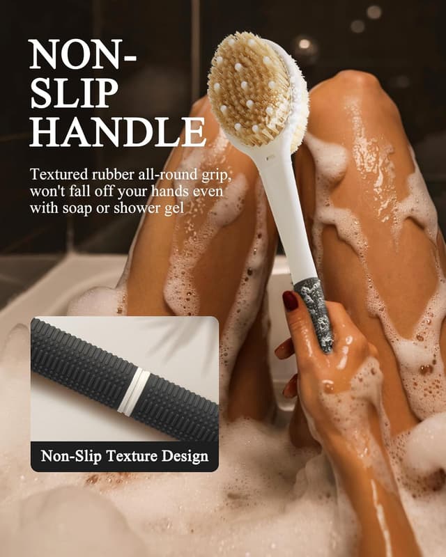 Detalle de Back Scrubber Body Shower Brush with Extra-Long Non-Slip Handle, Boar & Soft Nylon Bristles (Black)