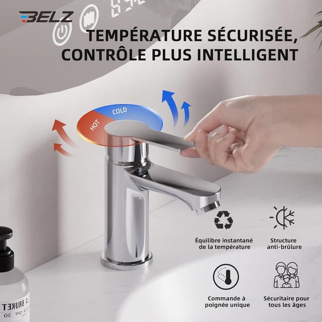 Detalle 2 de Mitigeur de lavabo BELZ monocommande chromé, bec hauteur 78 mm (raccord G 3/8)