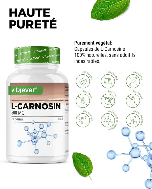Detalle de L-Carnosine 120 capsules - 1000 mg par jour