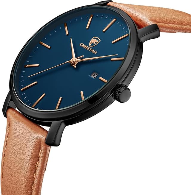 Detalle 2 de CHEETAH Minimalistische Herren-Uhr mit Quarzwerk, Lederarmband und Datumsanzeige (3 ATM)