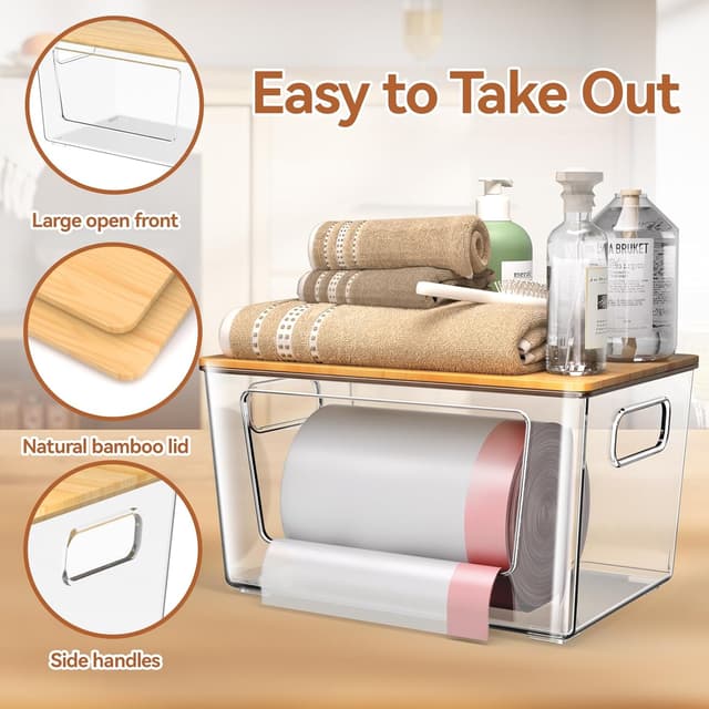 Detalle 2 de spospo 2 Pack Trash Bag Holder with Bamboo Lid (Stackable, Extra-Large Clear Dispenser)