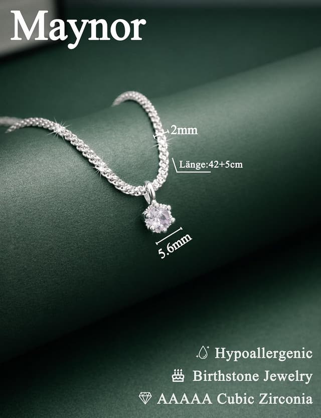 Detalle 2 de Maynor Geburtsstein-Halskette für Damen aus 925 Sterling Silber mit Zirkonia-Anhänger (12 Farben, personalisierbar)
