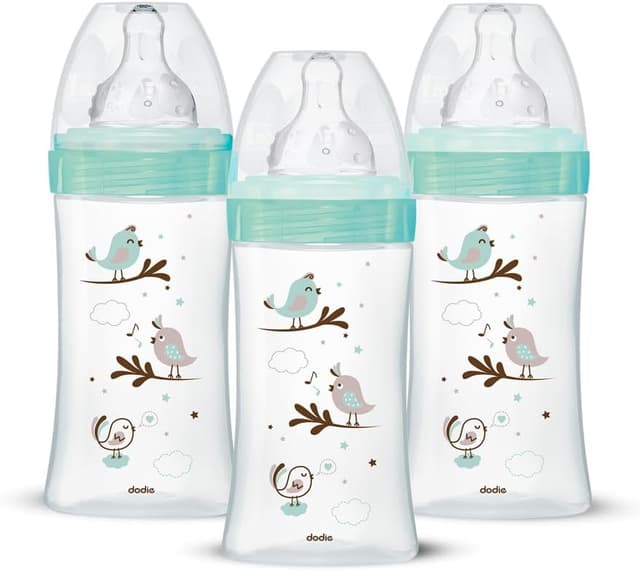 Detalle de Lot de 3 biberons anti-colique Dodie Initiation+ en verre 270 mL (0-6 mois) tétine ronde débit 2