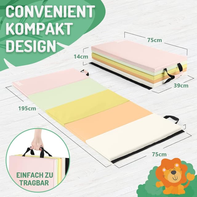 Detalle de PhysKcal klappbare Weichbodenmatte 195 x 75 x 3 cm – faltbare Turnmatte mit Tragegriffen