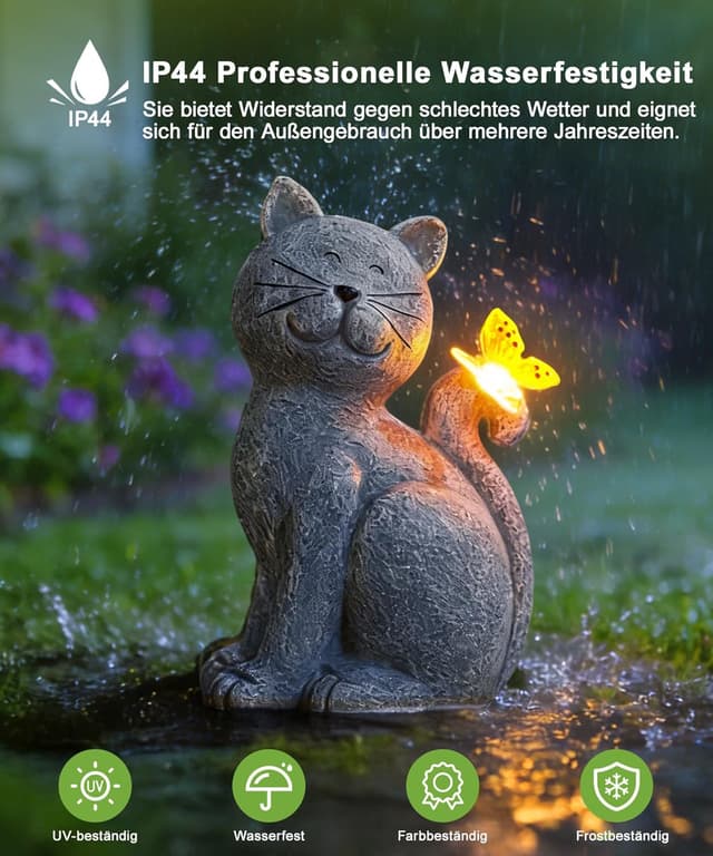Detalle de Yeomoo Katzenfigur mit Solar-Schmetterling aus Harz – Deko für Balkon, Garten & Wohnzimmer (grau)