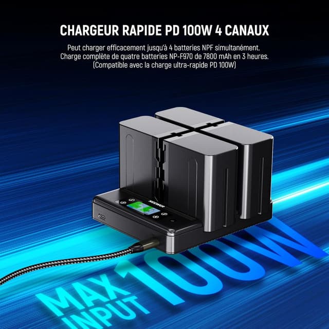 Detalle de NEEWER NP-F970 Chargeur 4 canaux avec consolidation d’alimentation intelligente et écran OLED