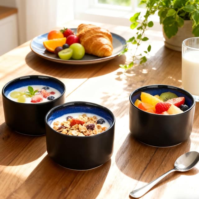 Detalle de CSYY Müslischalen aus Porzellan (6-teilig), schwarz matt mit tiefblauem Innenbereich – Reisschalen & Dessertschalen bis ca. 500 ml