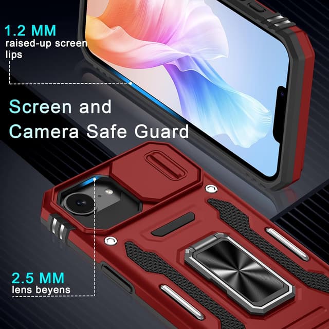 Detalle de DEERLAMN iPhone 17e / iPhone 16e 6.1-inch case with sliding camera cover, ring kickstand & shockproof protection (Red, 2-pack screen protectors)