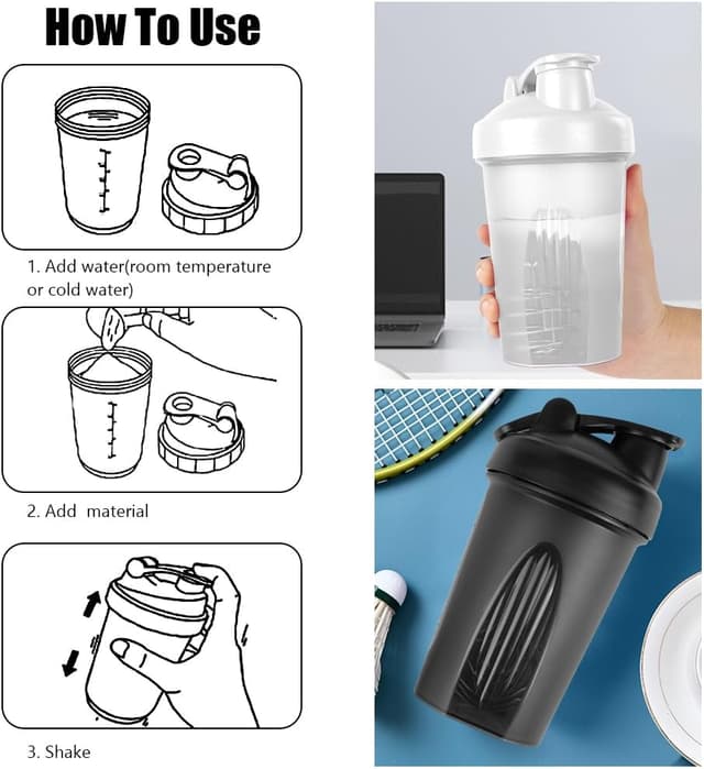 Detalle de ACWOO 500ml Protein Shaker Bottle (2-pack) with Stainless Steel Mixing Ball, BPA-free, leakproof flip-top lid