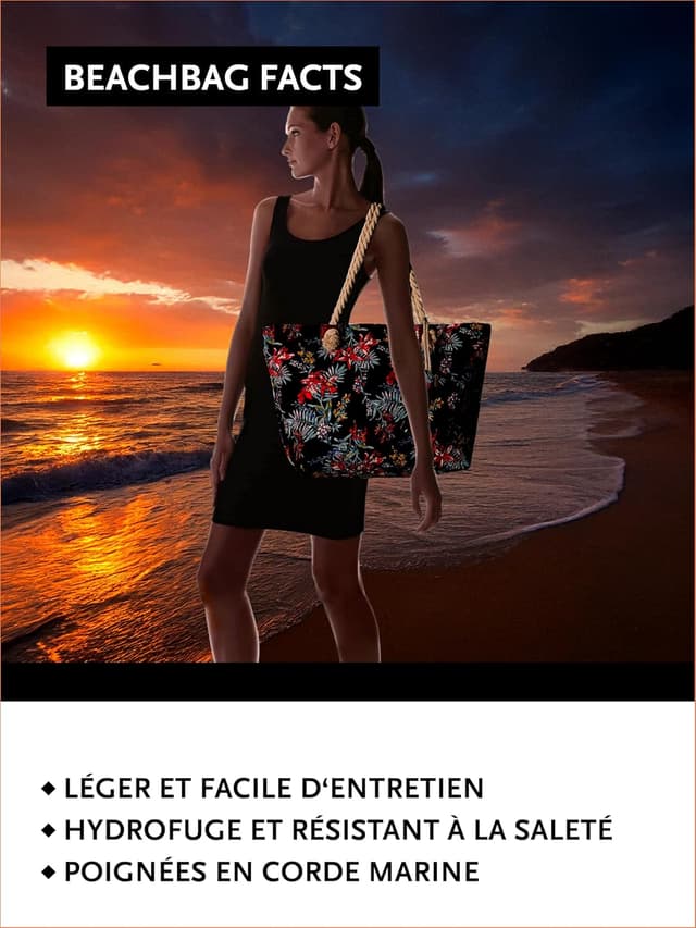 Detalle de DonDon sac de plage hydrofuge avec fermeture à glissière, grand shopper pour la plage et les sorties