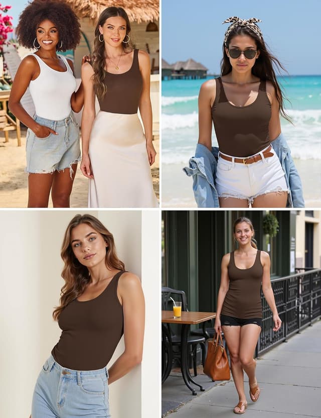 Detalle 2 de Aottori Damen Tank Top Slim Fit – geripptes Basic aus Baumwolle mit Rundhalsausschnitt