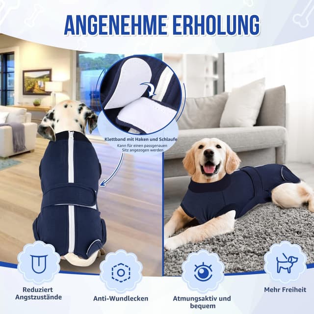 Detalle de Eyein Hundebody nach OP – Wundschutzanzug mit Reißverschluss & Klett, atmungsaktiv, Dunkelblau (4XL)