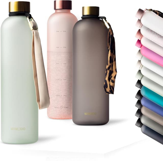 Detalle de MAMEIDO Trinkflasche mit Zeitmarkierung (1 l), BPA-frei, für Kohlensäure geeignet – auslaufsicher