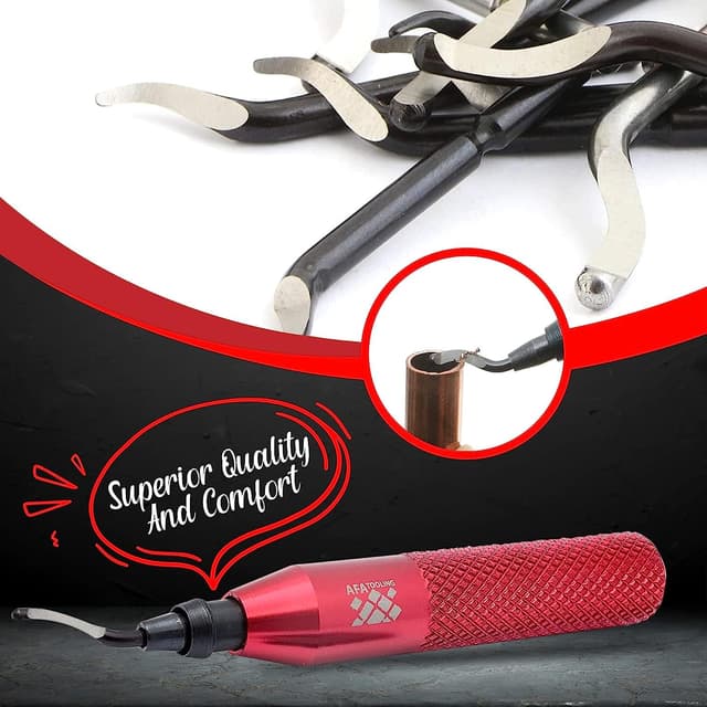 Detalle de AFA Tooling Deburring Tool Kit with 31 HSS Blades (BS1010, BK3010 & BS1018) for Copper Pipes, Plastics and Metal Work