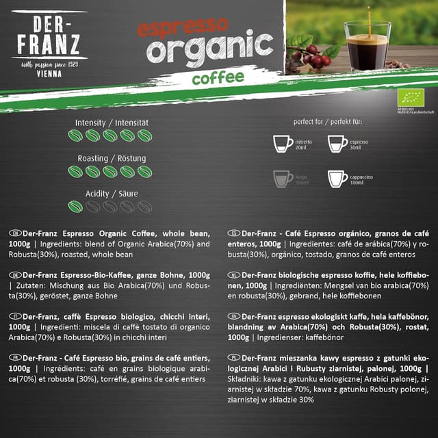 Detalle de Der-Franz Espresso Bio Kaffee ganze Bohne (1000 g) – für weiche Crema & kräftigen italienischen Geschmack