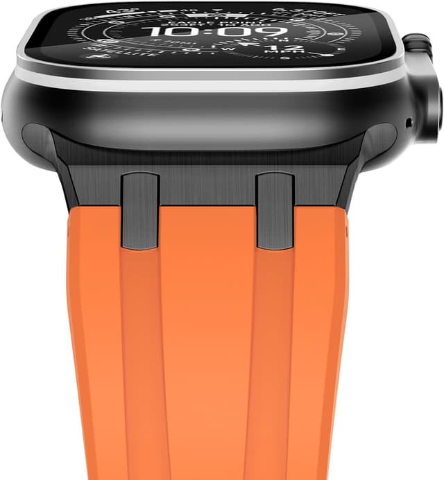 Detalle de NewWays silicone strap for Apple Watch (42mm/41mm/40mm/38mm) with stainless steel connector – Orange/Black